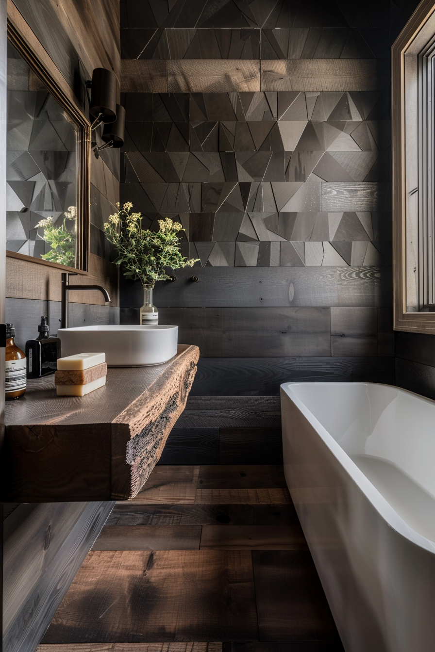 Modern bathroom with geometric tiled walls, wooden countertop, white basin, freestanding tub, and decorative plant.