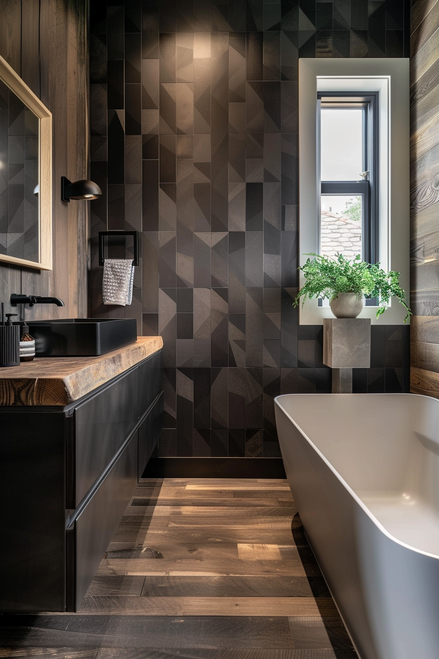 A modern bathroom with geometric-patterned tiles, wooden elements, a freestanding tub, and a window providing natural light.