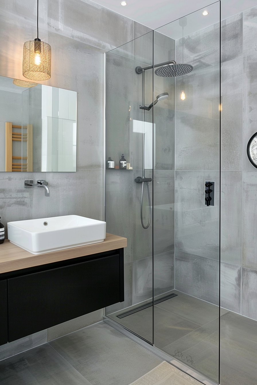 Modern bathroom interior with glass-enclosed shower, rectangular basin on vanity, and elegant pendant light.