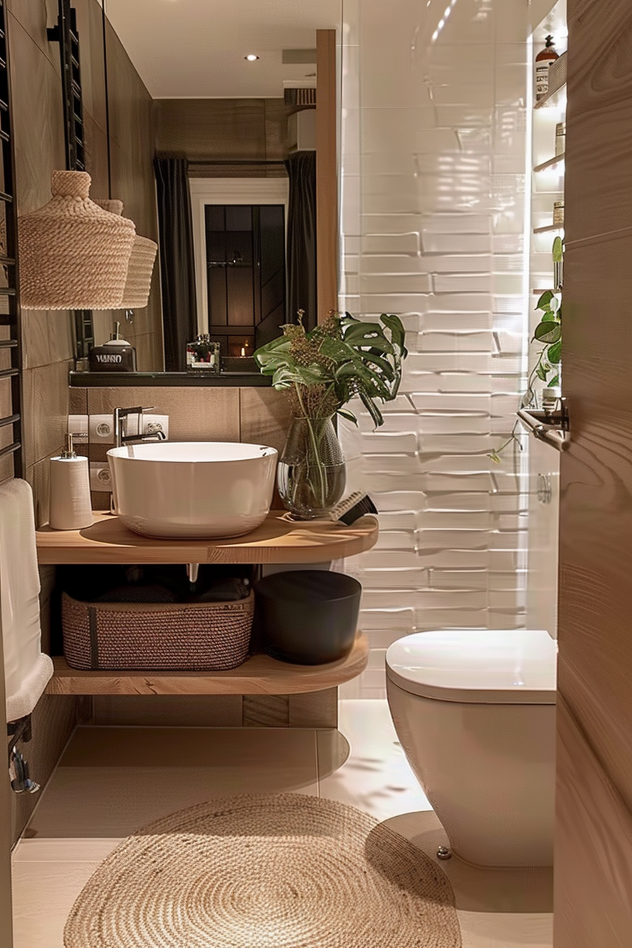 Modern bathroom interior with a vessel sink, toilet, woven details, and soft lighting.