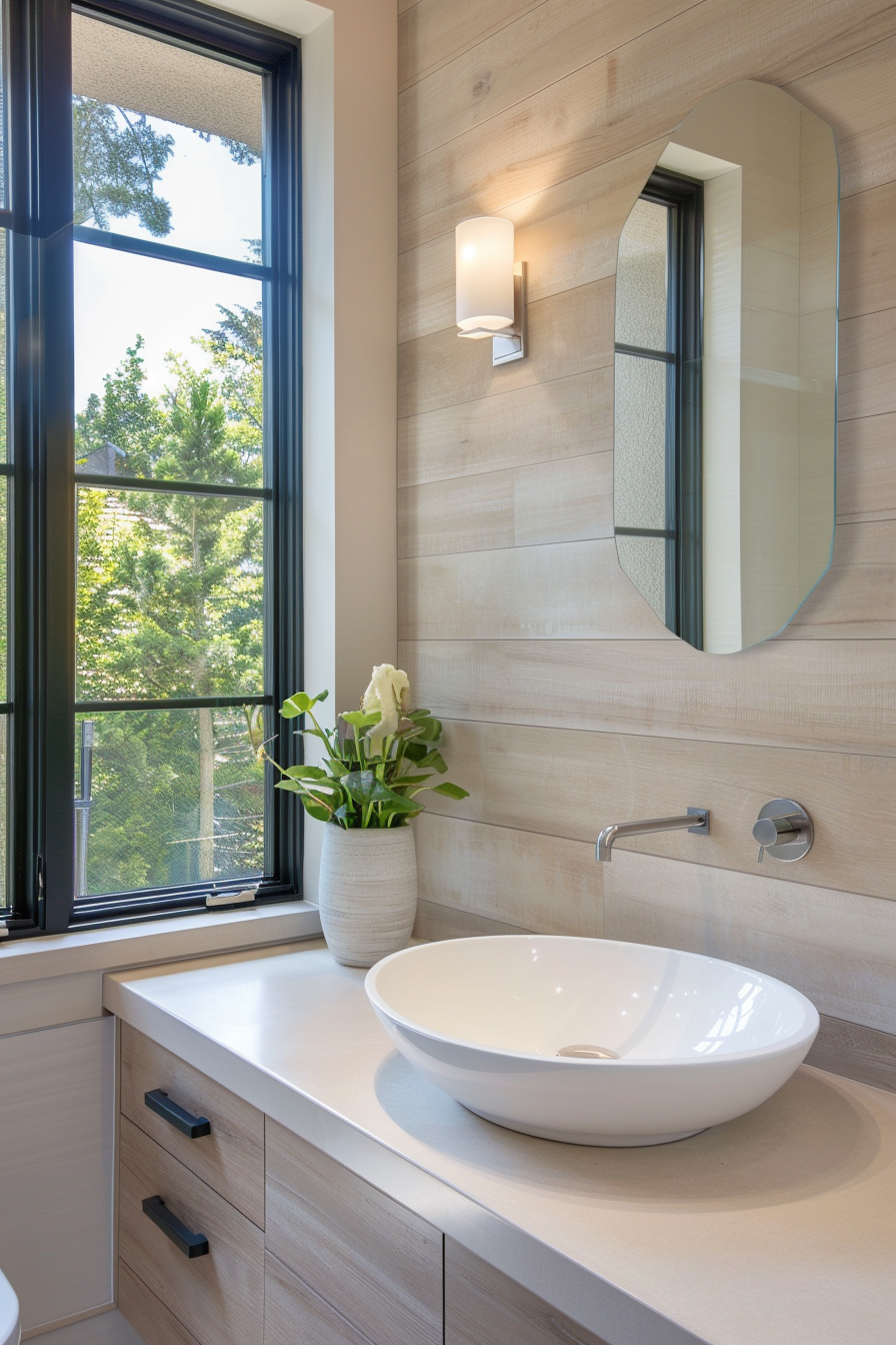 Modern bathroom interior with a vessel sink, light wood cabinets, an oval mirror, and a view of trees through the window.