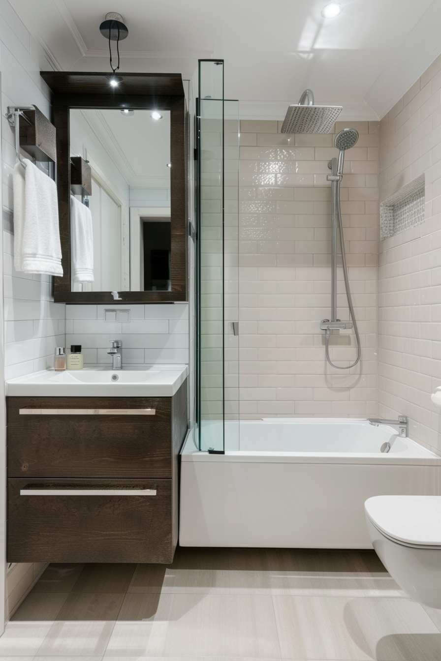 Modern bathroom with a glass-enclosed shower, white bathtub, dark wood vanity with mirror, and light-colored tile flooring.
