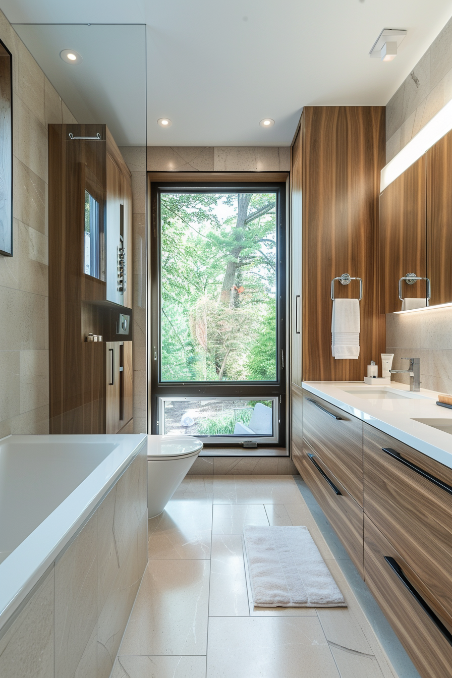 Modern bathroom interior with large window view of greenery, featuring a bathtub, toilet, vanity with two sinks, and wood cabinetry.