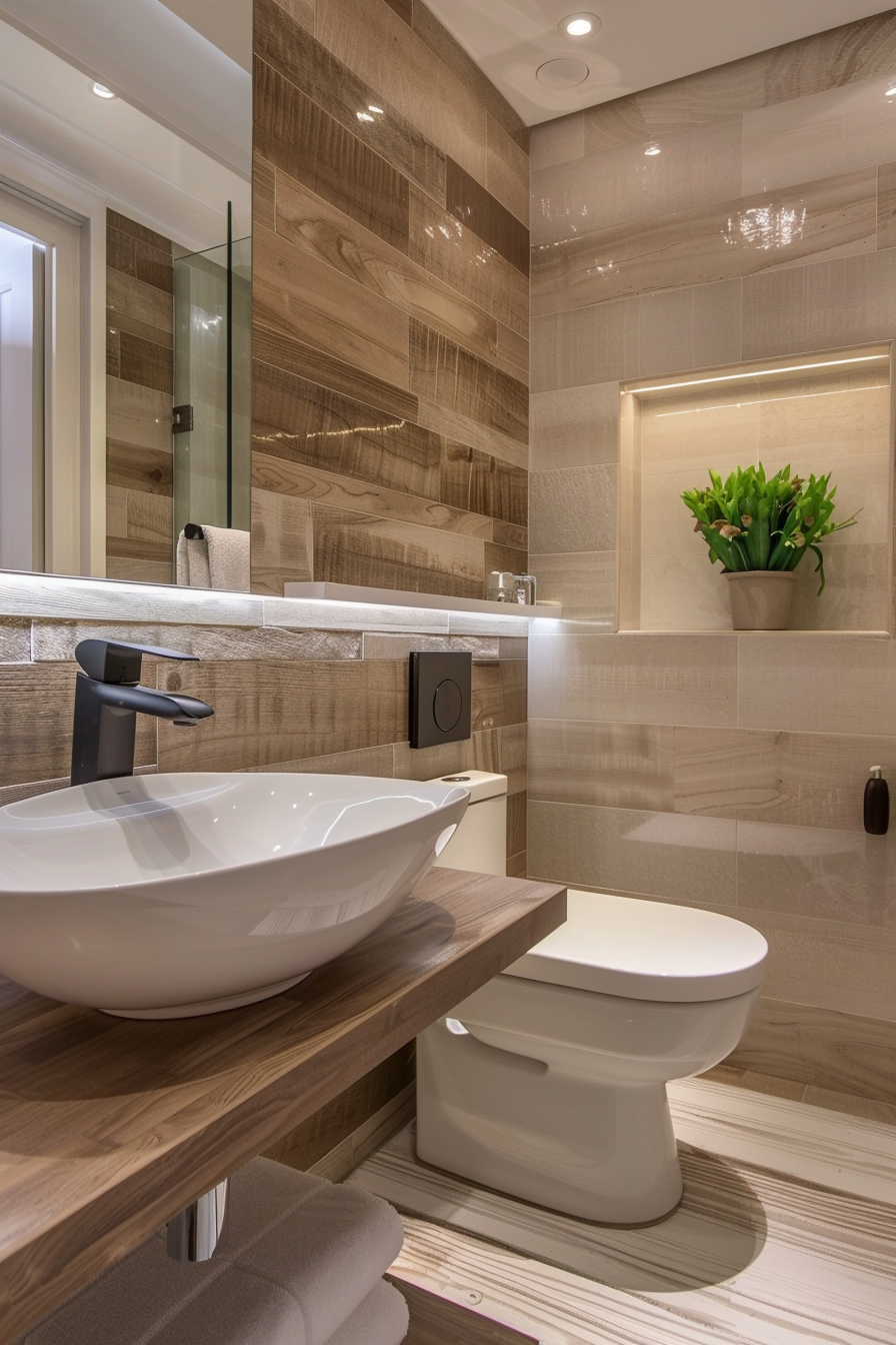 Modern bathroom interior with wood finish, vessel sink, toilet, and glass shower partition, accented by natural light and green plant decor.