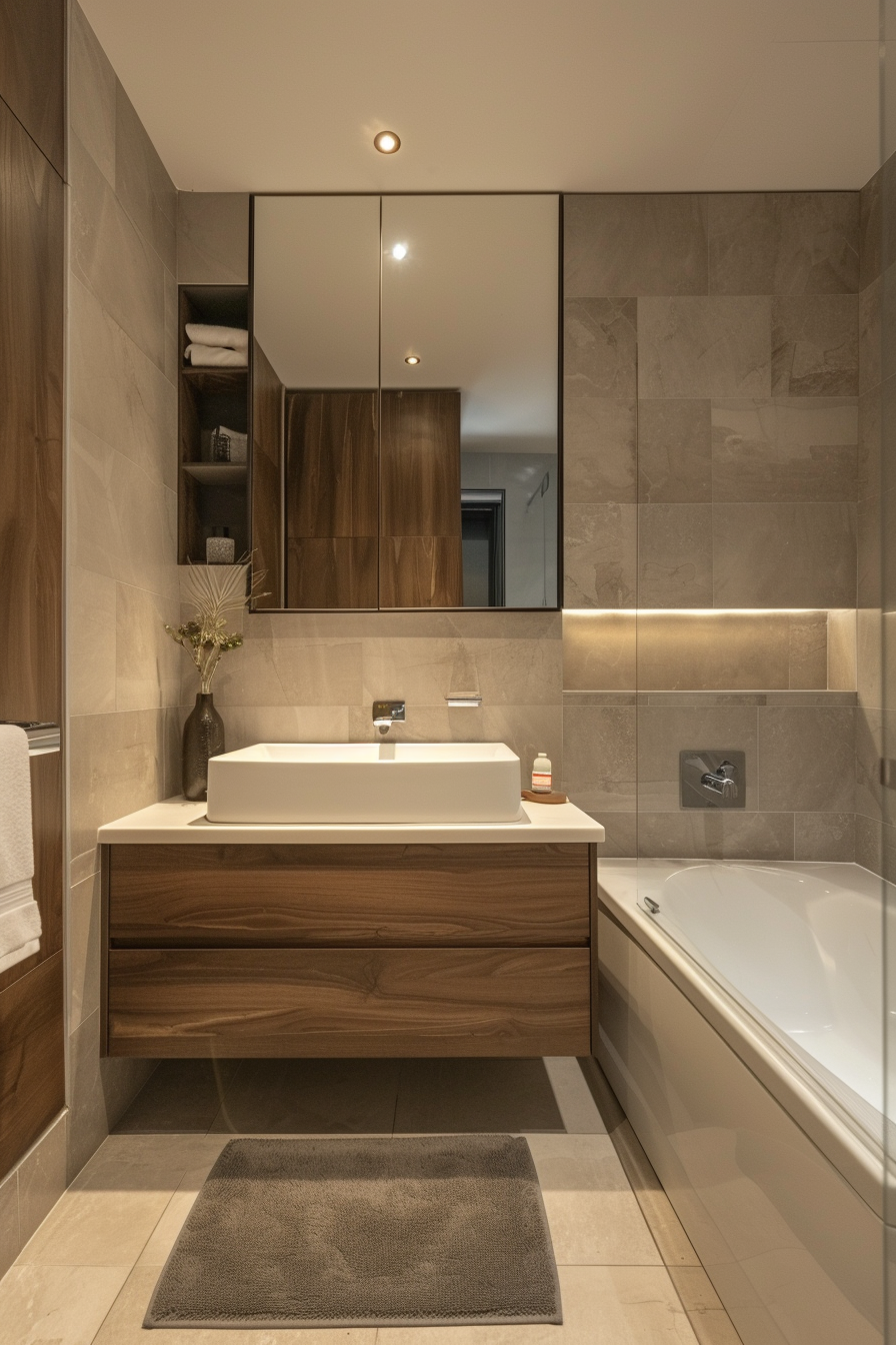 Modern bathroom interior with wooden vanity, rectangular basin, large mirror, a bathtub, and beige tiles.