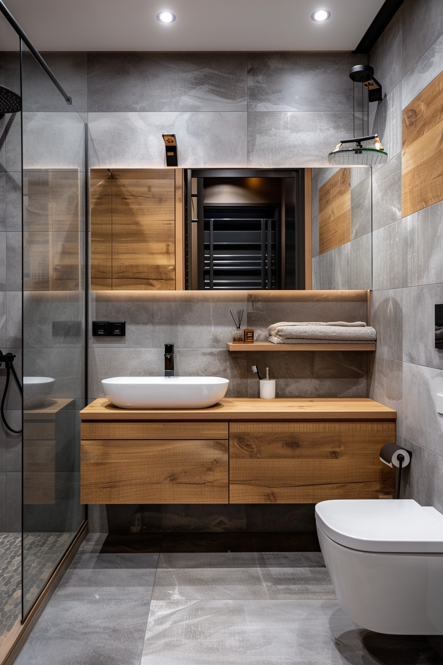 Modern bathroom with a wooden vanity, vessel sink, gray tiles, walk-in shower, and a small sauna room in the background.