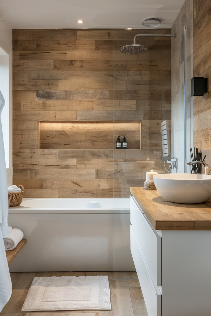 A modern bathroom with wood-effect tiled walls, a walk-in shower with a glass partition, a freestanding basin on a wooden countertop, and warm lighting.
