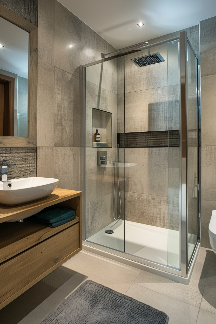 Modern bathroom interior with glass shower enclosure, wall-mounted sink, wood cabinets, and textured tiles.
