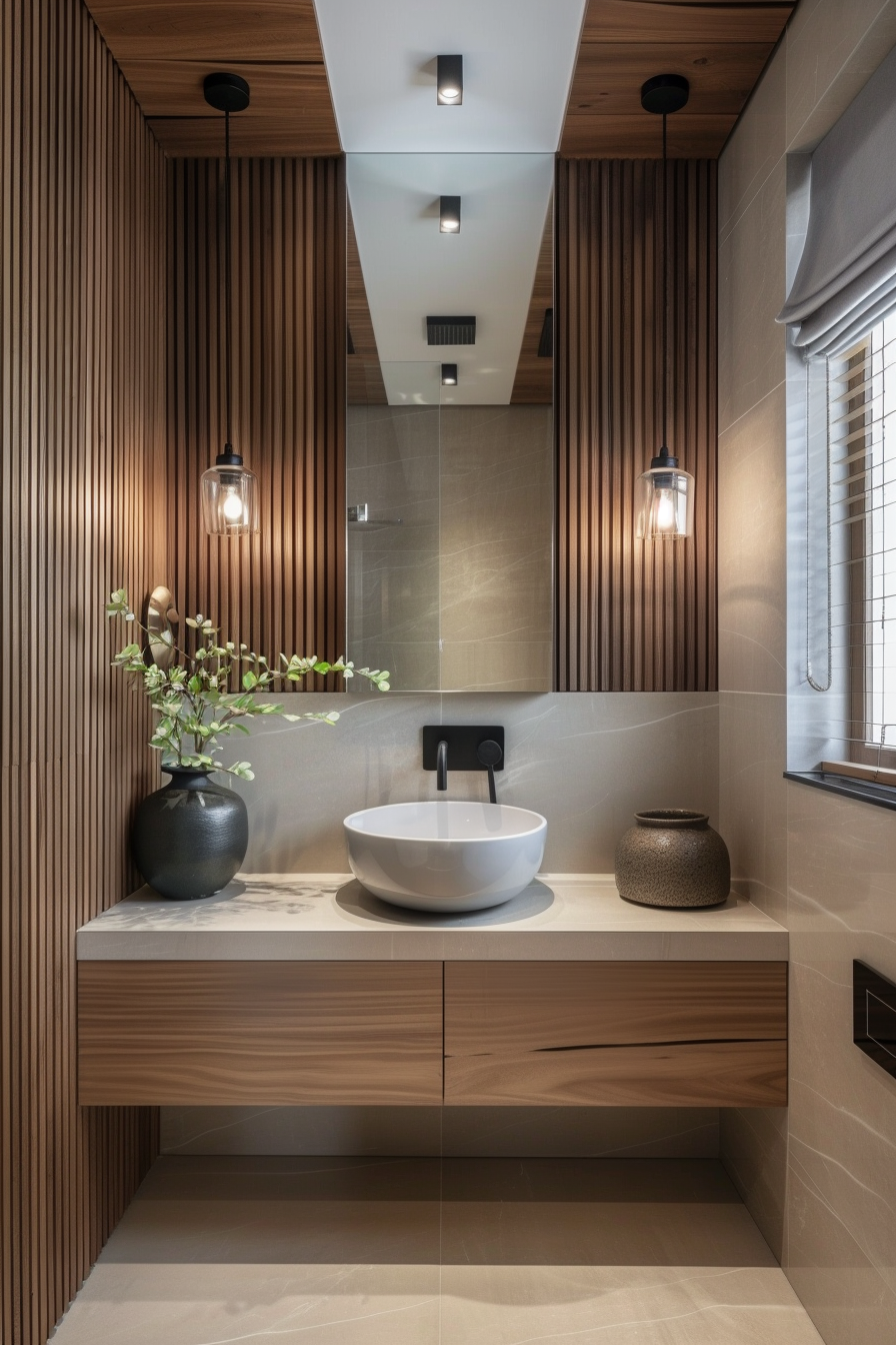 Modern bathroom with wood-paneled walls, a vessel sink, pendant light, and greenery in a dark vase.