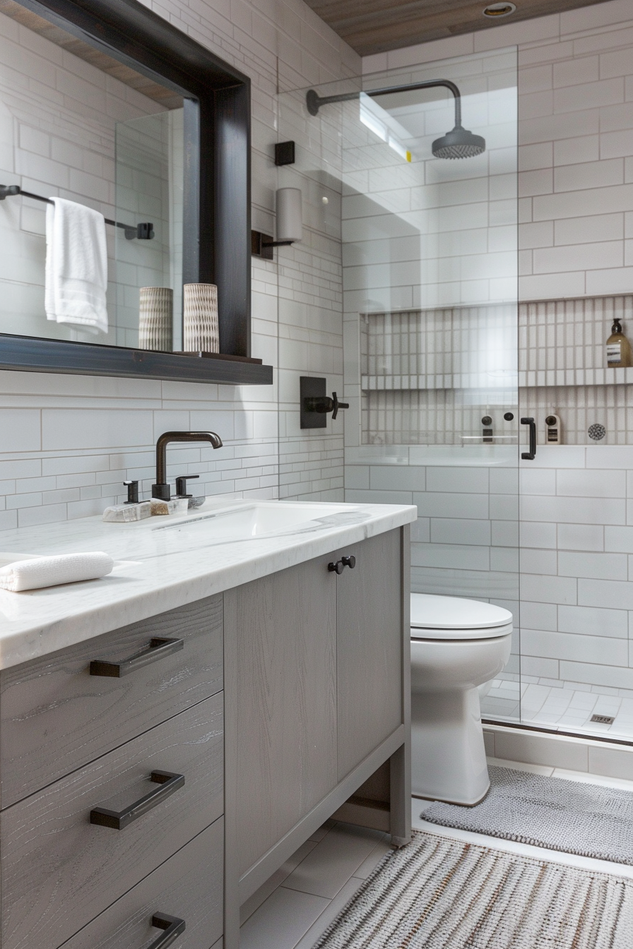 Modern bathroom interior with a floating vanity, mirror, toilet, and a walk-in shower with white subway tiles.