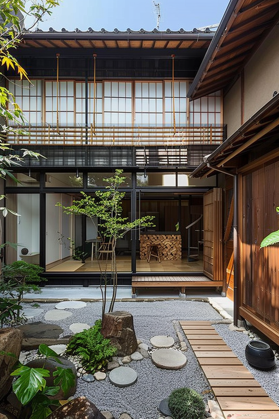 Traditional Japanese house with a serene garden, wooden decks, and sliding shoji doors, encapsulating tranquility and harmony.