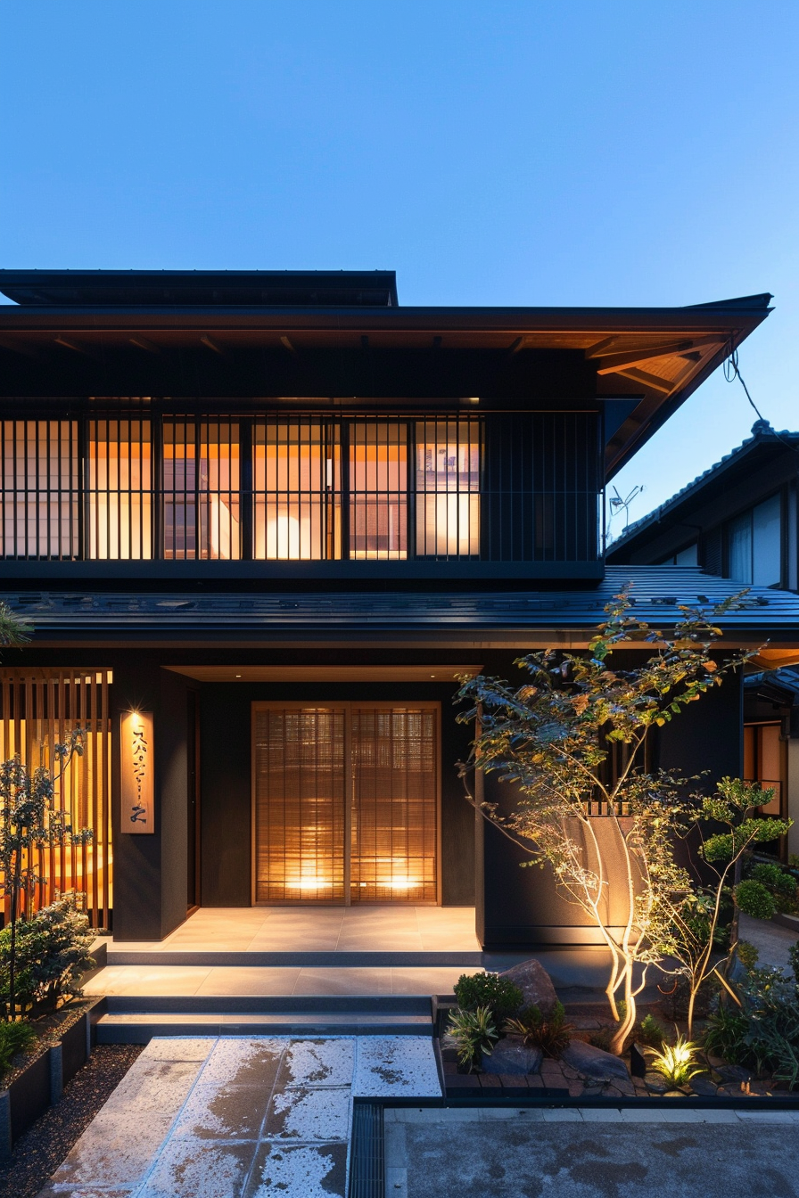Traditional Japanese house at dusk with illuminated windows and tranquil garden.