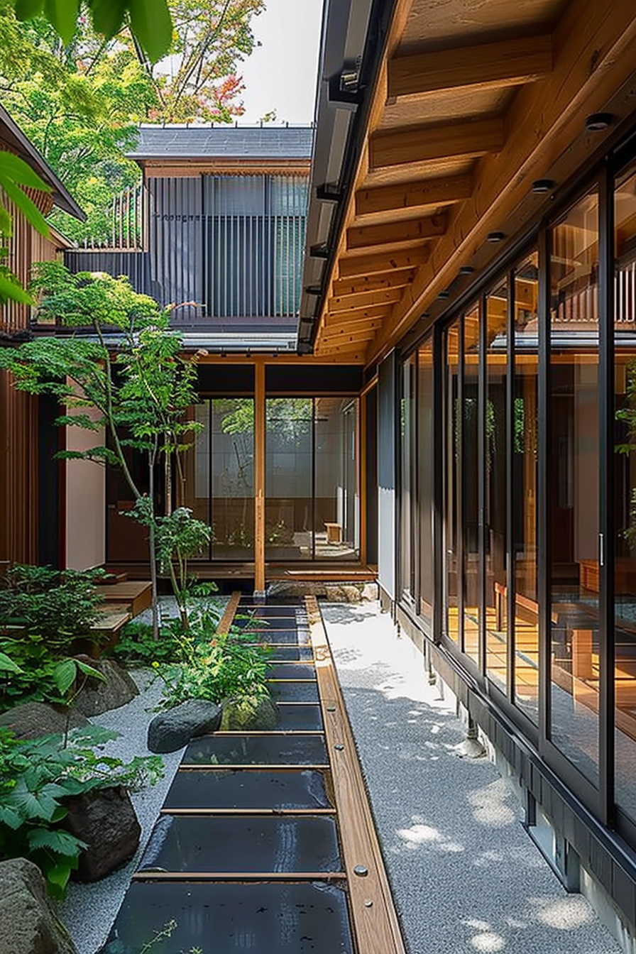Traditional Japanese house with wooden corridor, sliding glass doors, and a serene Zen garden with stepping stones.