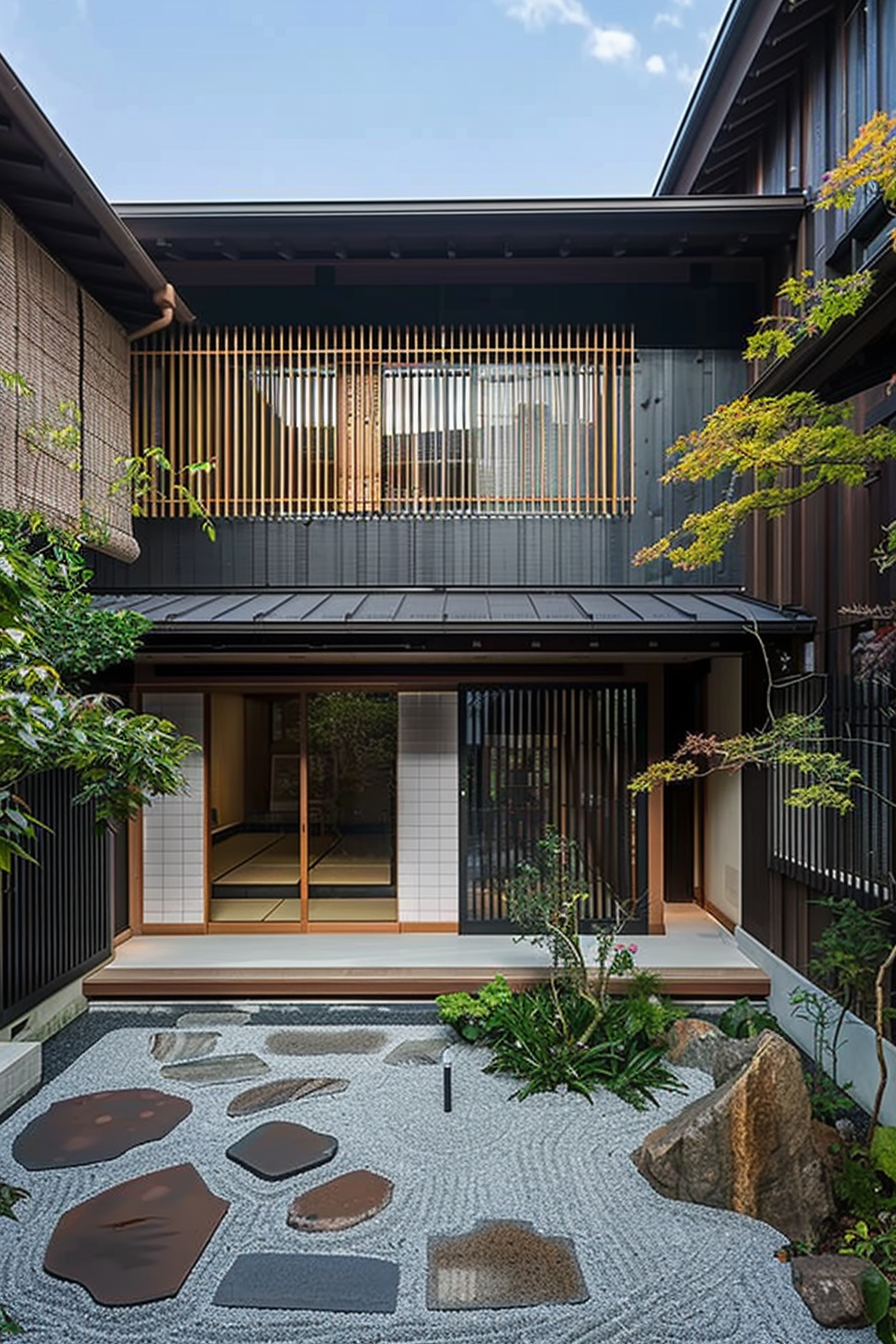 Traditional Japanese house with wooden details, sliding doors, and a Zen rock garden with stepping stones.
