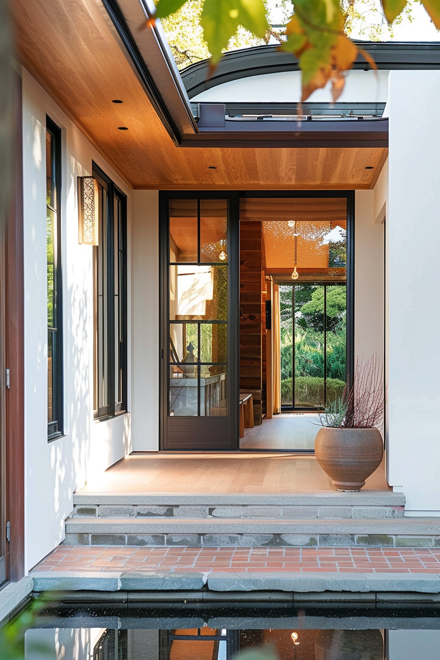 Modern house entrance with open glass door, wooden ceiling, steps leading up to the door, and a large pot beside the steps.