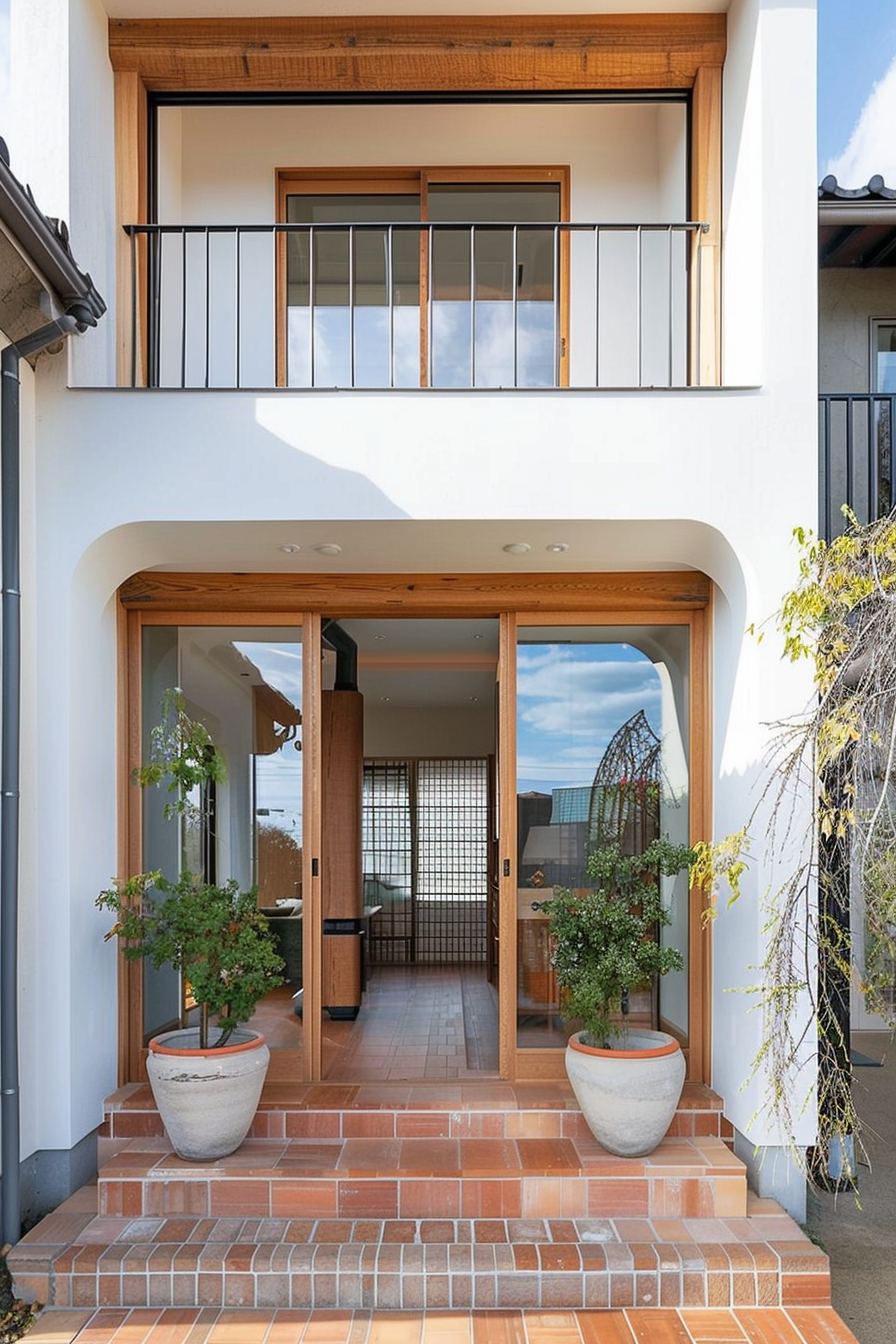 ALT: Entrance of a modern home with terracotta tile steps, wooden frame glass doors, potted plants, and a balcony with metal railings above.