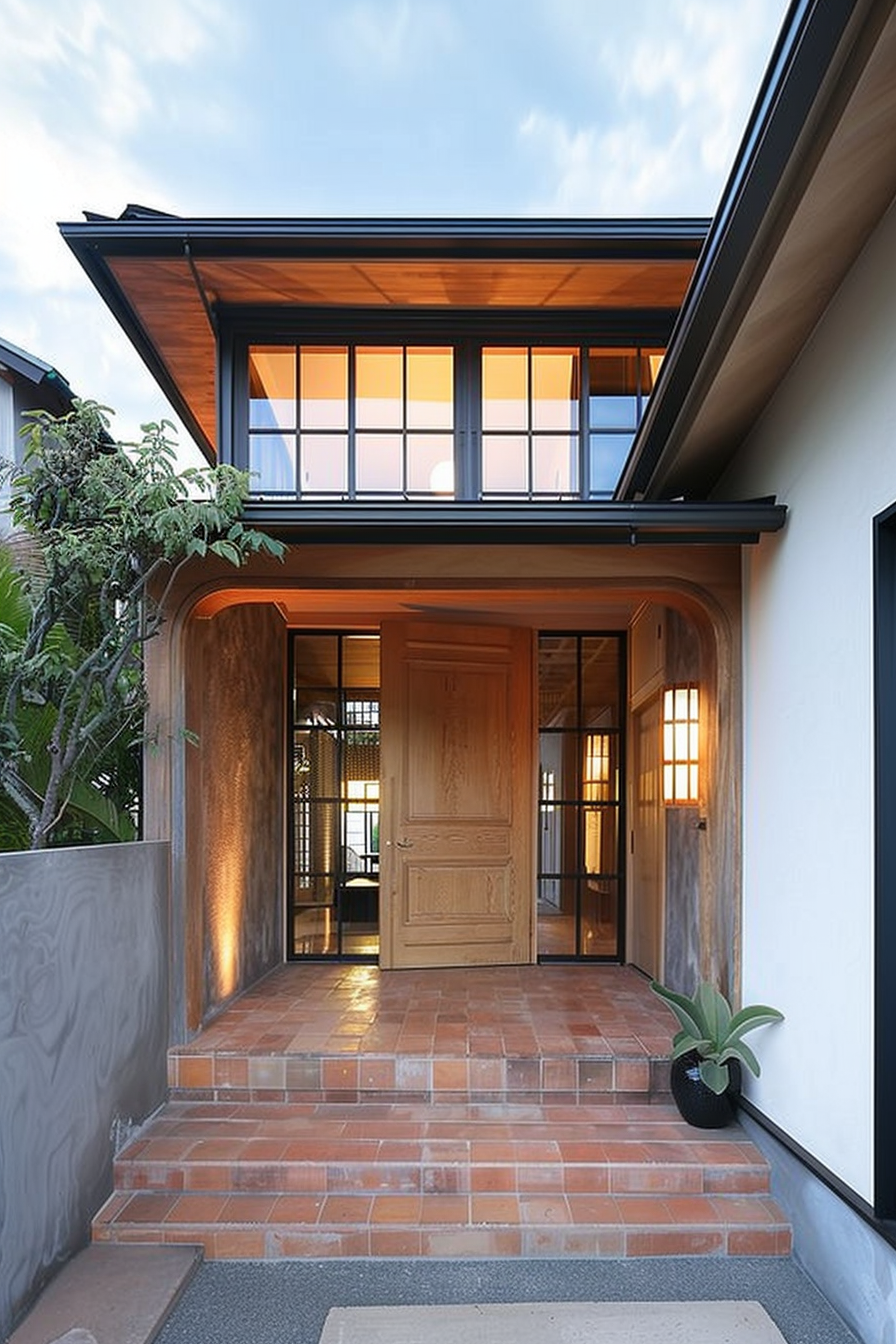 A modern house entrance with brick steps, a wooden door, and illuminated windows at dusk.