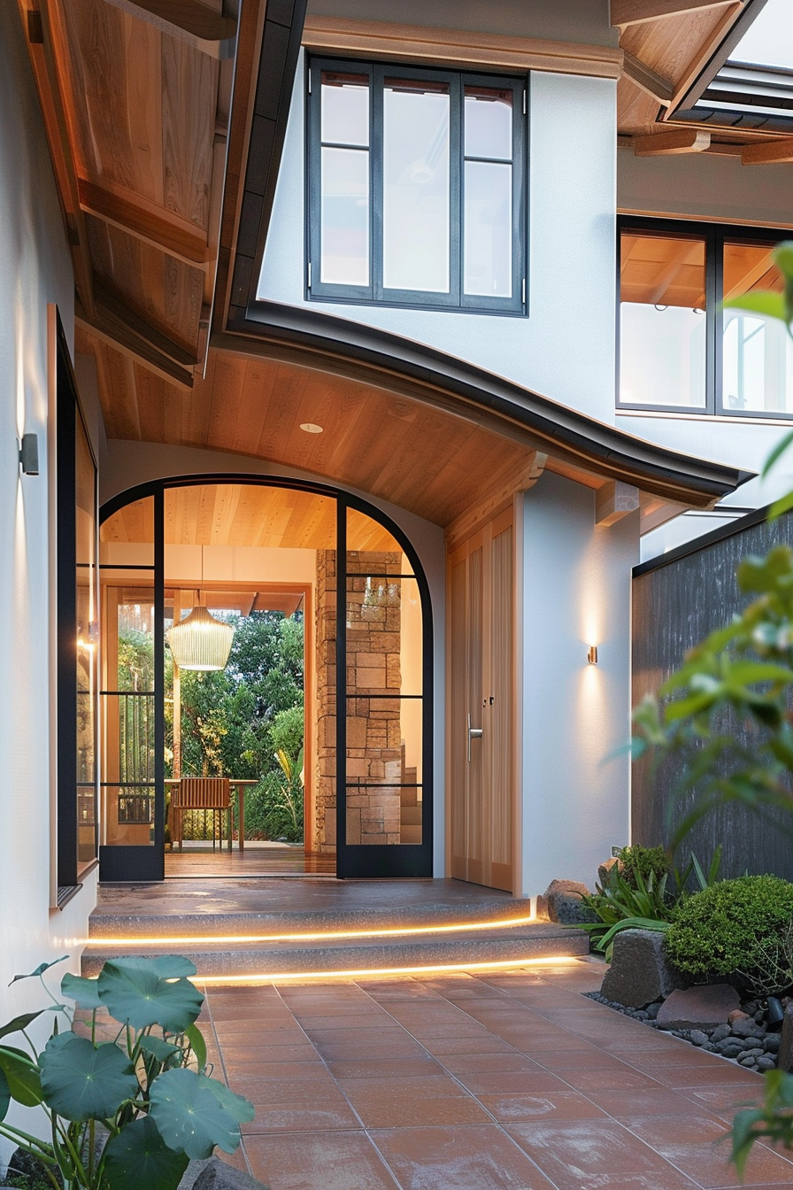 Modern home entrance with arched doorway, stone accents, and warm lighting, leading to an outdoor deck.