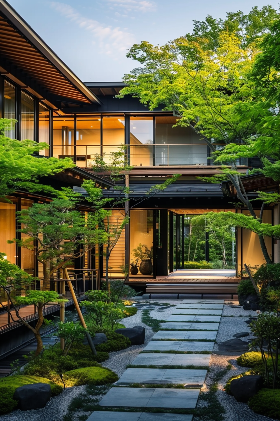 Modern house with large windows surrounded by Japanese-style garden with stepping stones, greenery, and tranquil ambiance.