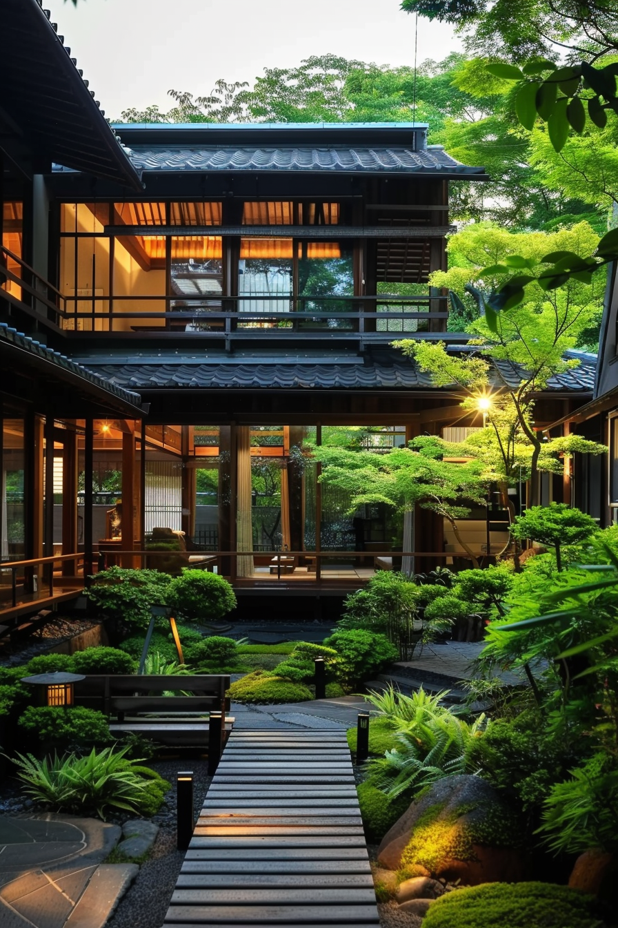 Traditional Japanese house with illuminated interiors, surrounded by a lush green garden with a wooden path at twilight.