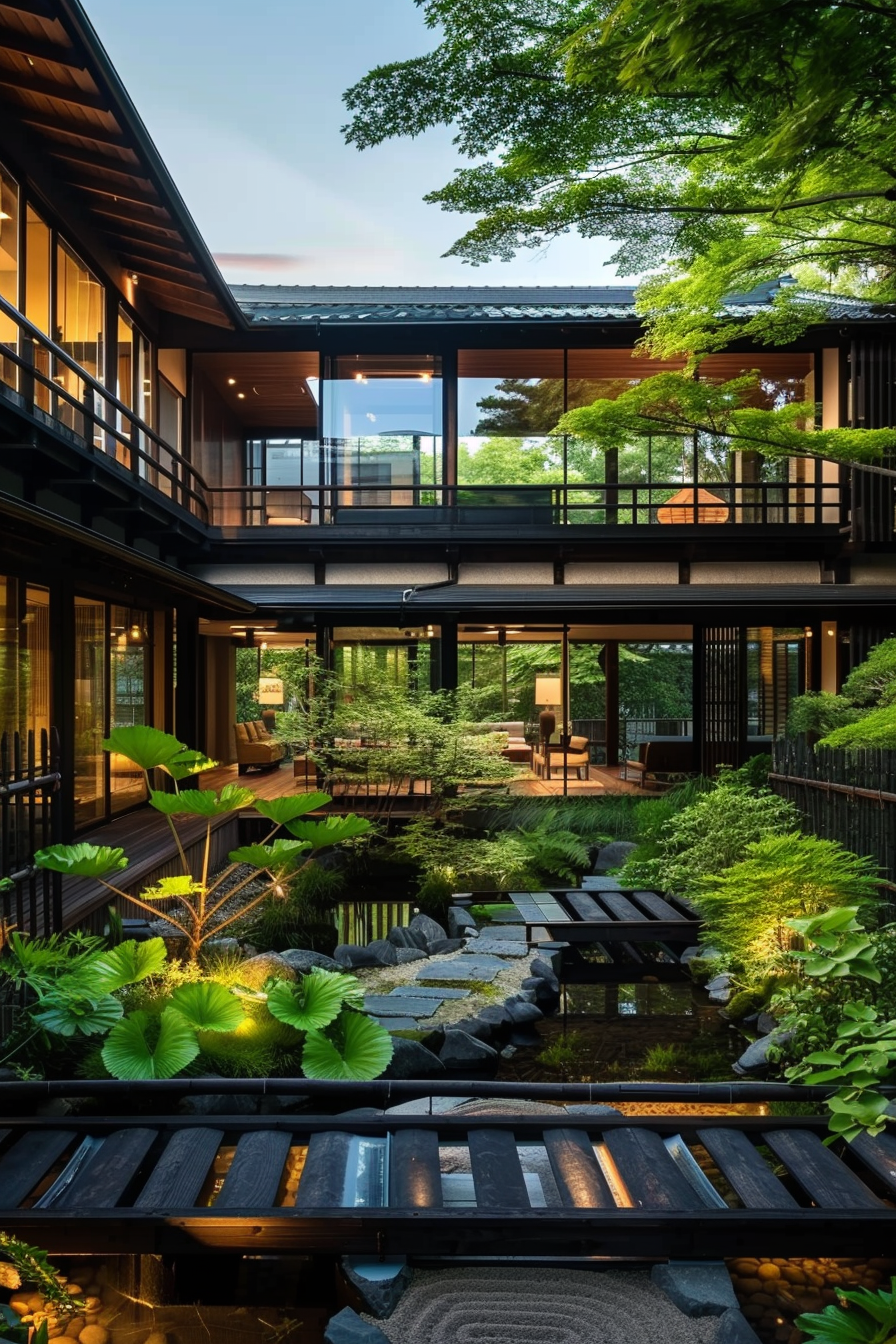 A serene Japanese-style house with a lush garden and a tranquil pond, surrounded by mature trees and wooden architecture.