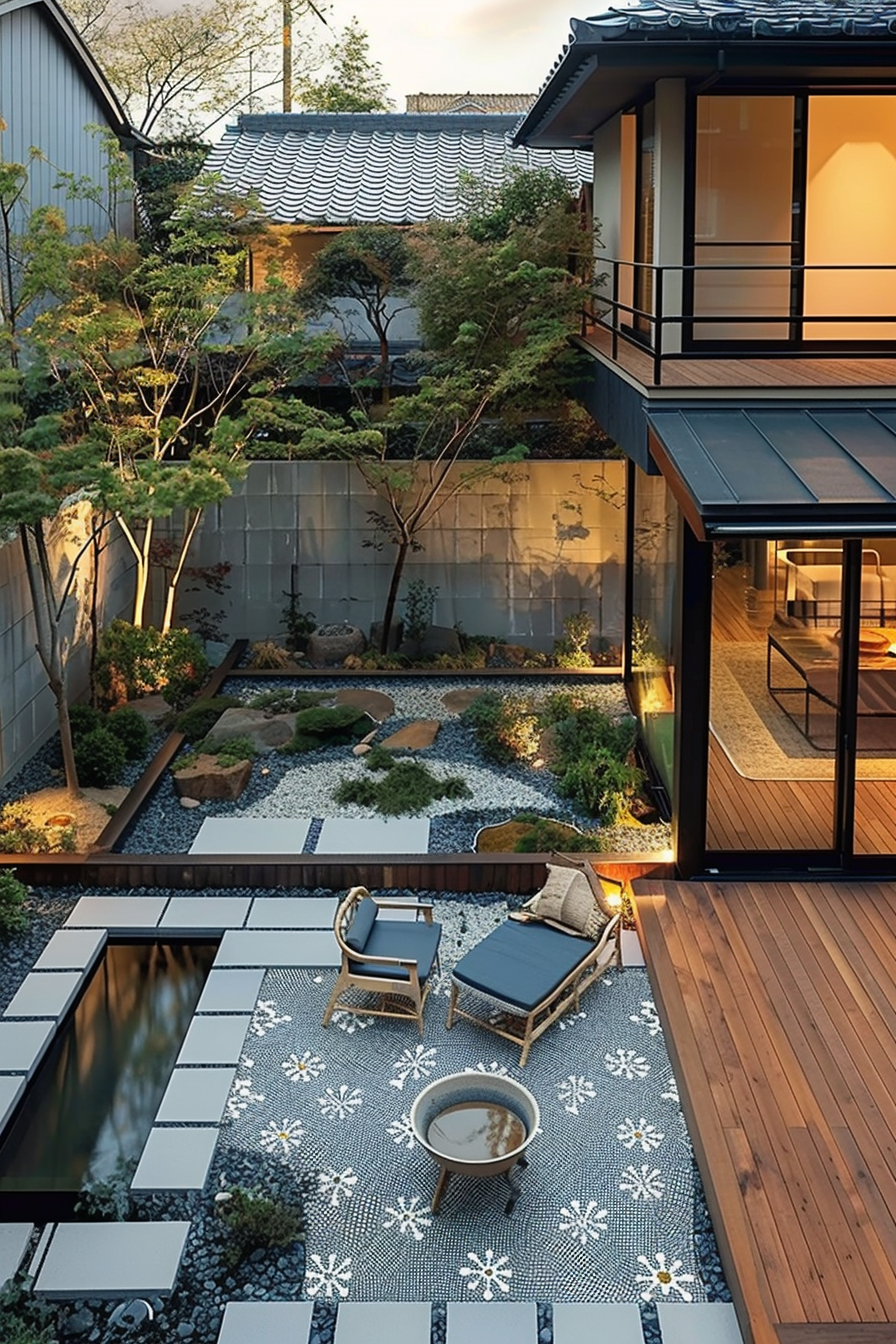 A serene Japanese-style garden with a koi pond, beside a modern house with a wooden deck and outdoor seating area.