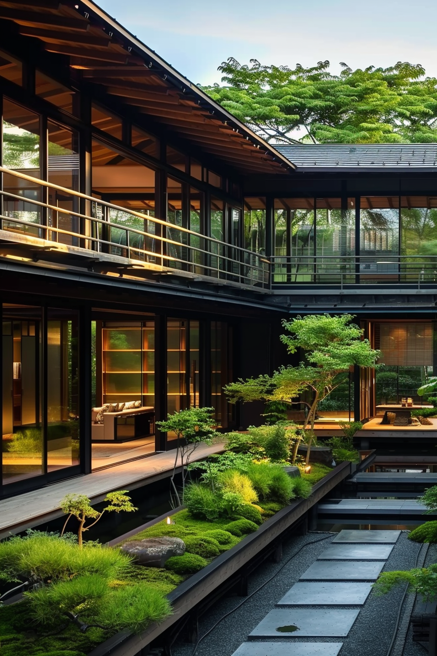 ALT text: Traditional Japanese house with wooden exterior, large windows, and a tranquil inner garden with carefully manicured plants and stepping stones.