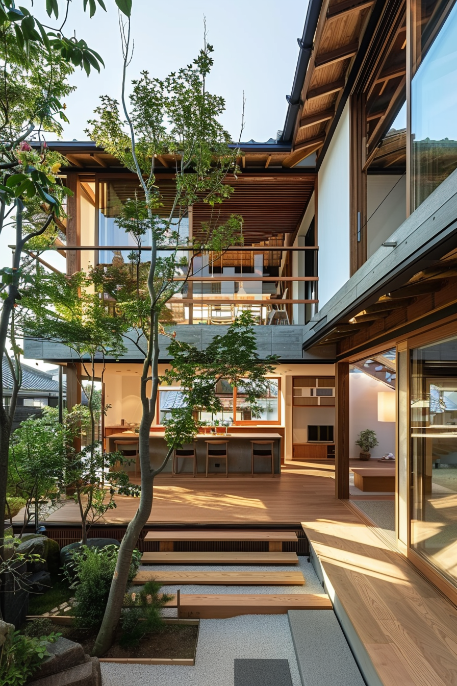 Modern multi-story wooden house interior with large windows, open spaces, and a central tree courtyard.