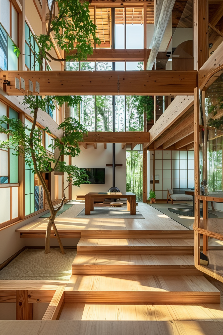 ALT: A multi-level wooden interior with steps, incorporating live plants and large windows showcasing a forest view, evoking a serene, natural ambiance.