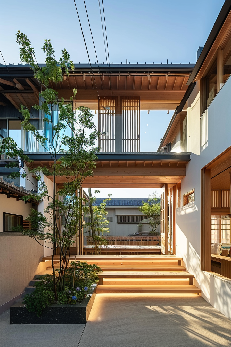 A serene Japanese-style courtyard with wooden details, stairs, and a small garden bathed in sunlight.