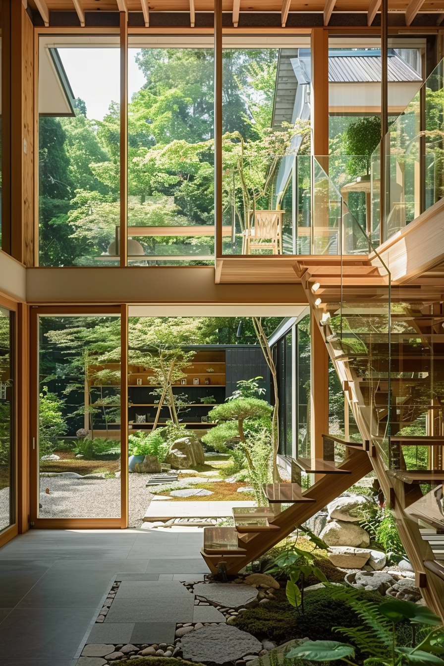 Interior view of a modern home with large windows overlooking a Japanese garden, showcasing wooden stairs and greenery.