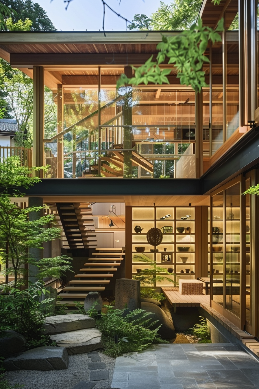Modern house with large windows, wooden design elements, floating staircase, and a lush Japanese-style garden.