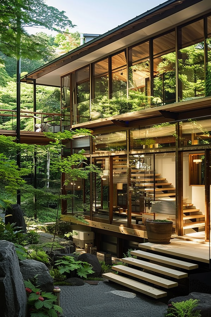 Multi-level glass house nestled in a lush green forest setting with wooden steps leading to the entrance.