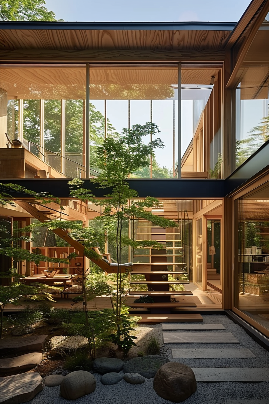 Modern wooden house interior with large windows, a staircase, and a small indoor garden with stones and a tree.