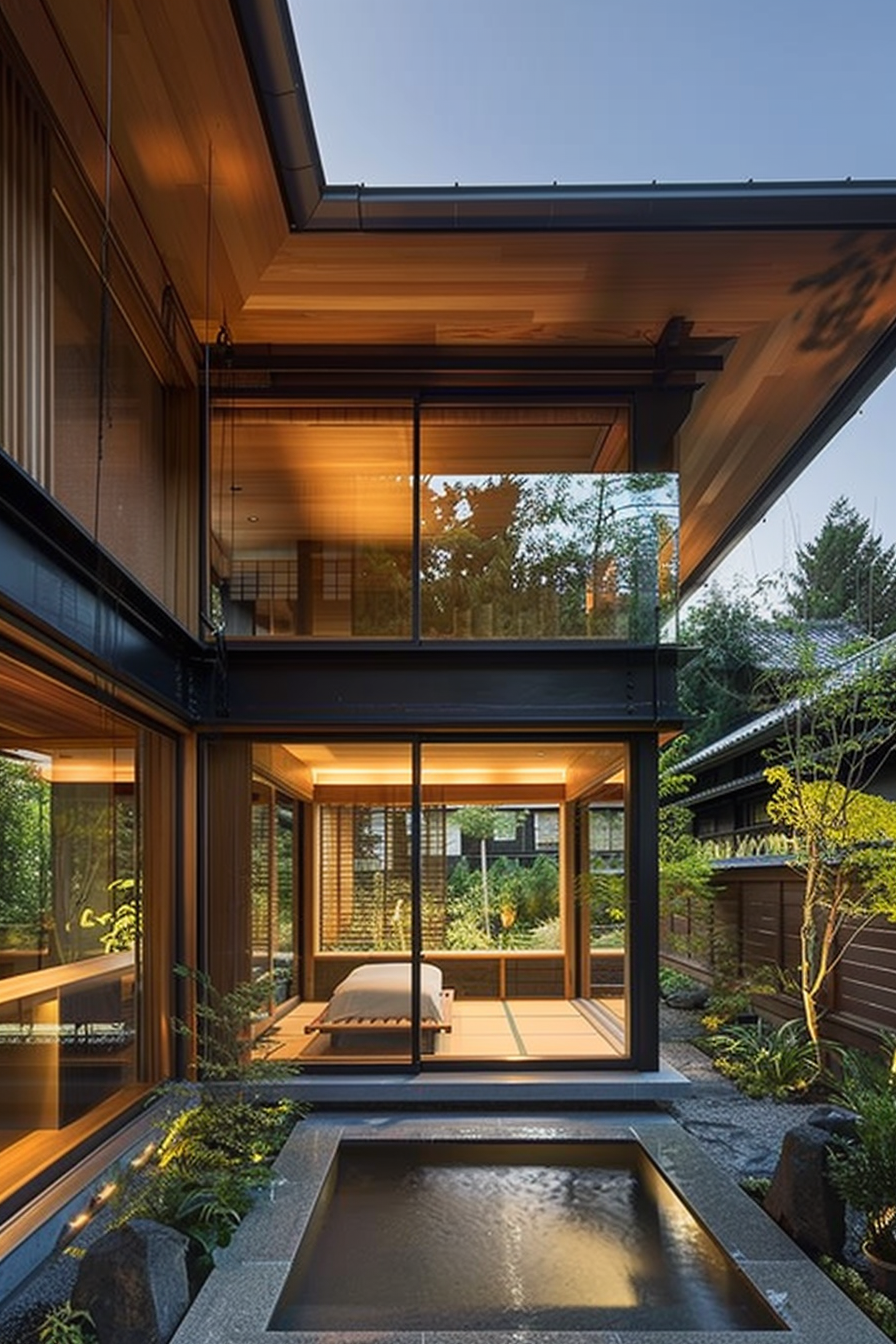 A serene Japanese-inspired home with large windows, wooden interiors, and an outdoor pond amidst lush greenery.