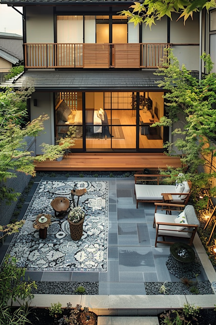 A serene traditional Japanese house with balconies, sliding doors, and a garden with a seating area.