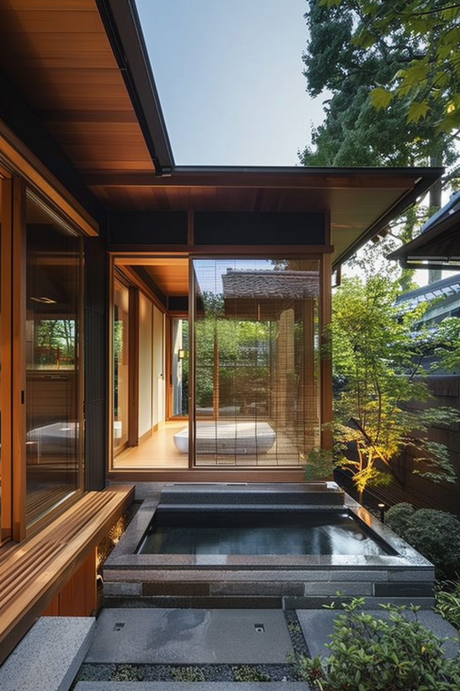 Modern home patio with a soaking tub, wooden deck, sliding glass doors, and surrounding greenery.