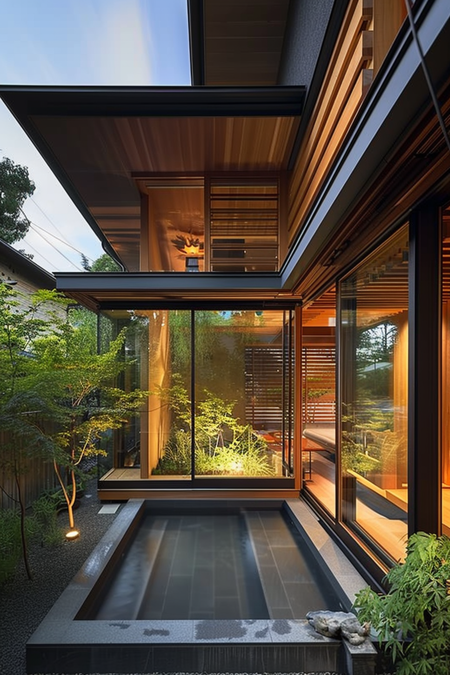 Modern house corner with large windows overlooking a serene Japanese-style garden and reflecting pool, blending indoor and outdoor spaces.