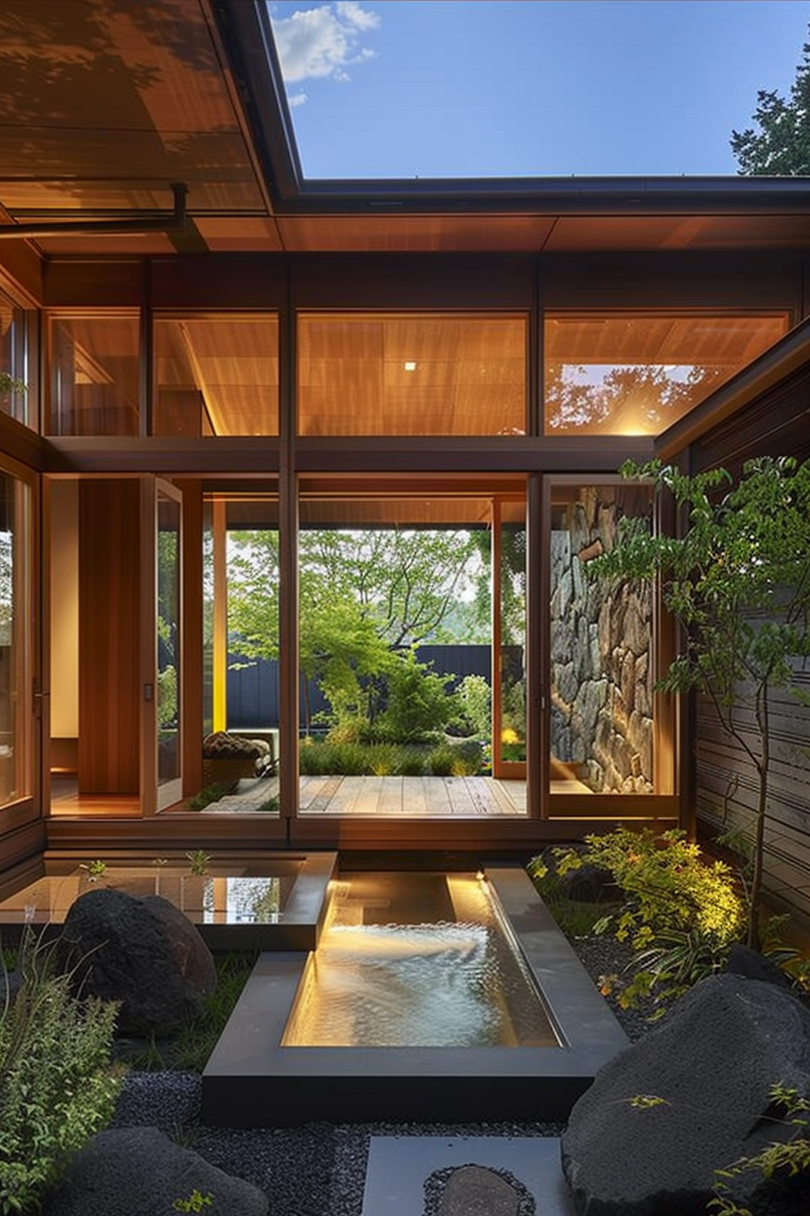Modern home interior featuring glass walls, a central water feature, with a view of a Zen garden and the sky above.
