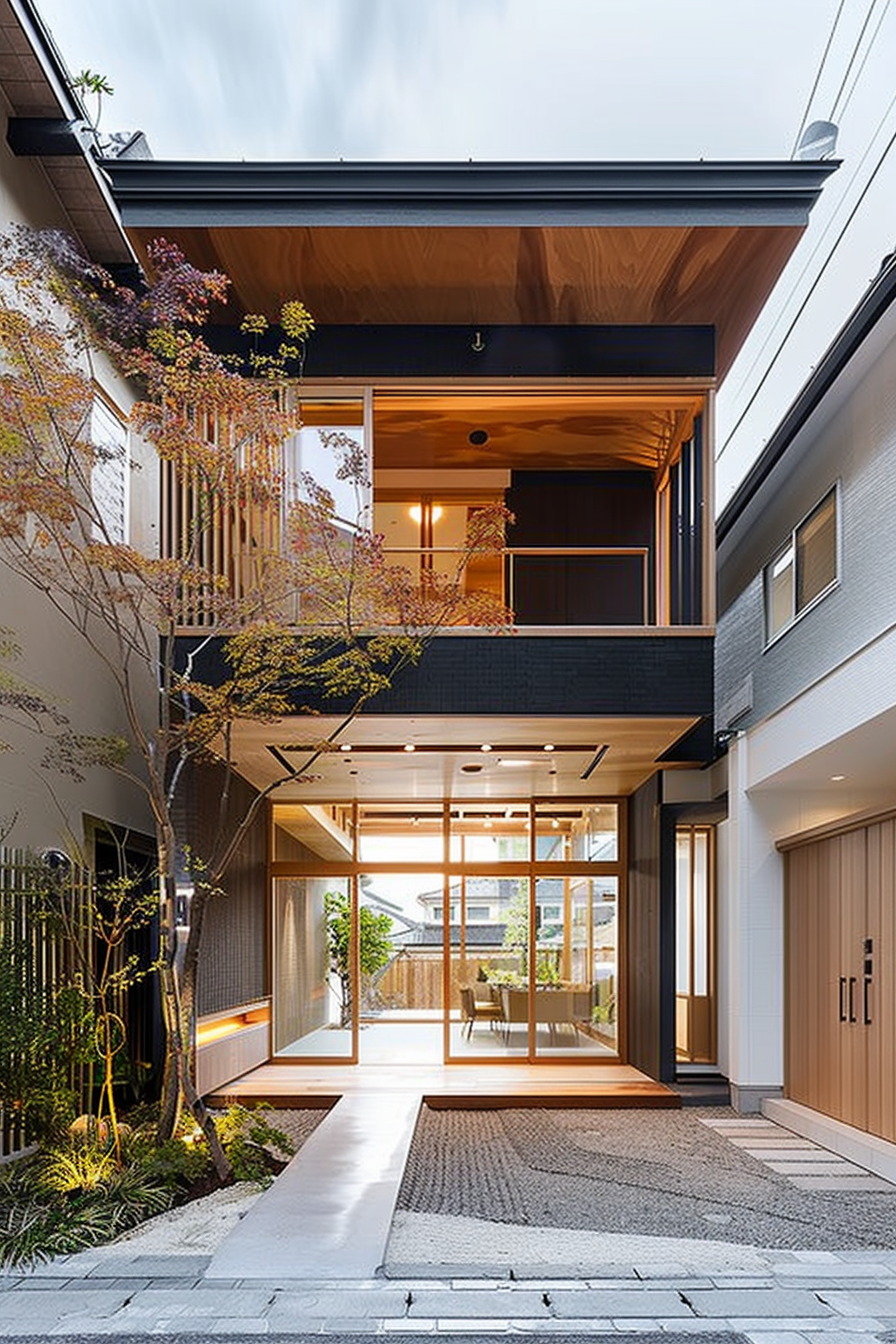 Modern two-story house entryway with open concept design, warm lighting, and surrounding greenery.