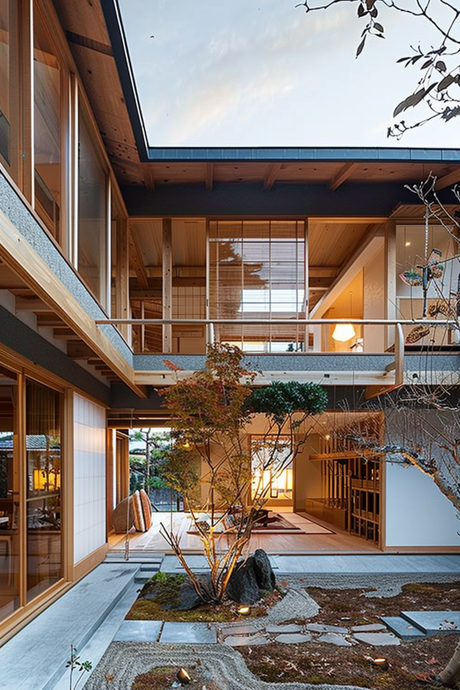 Modern Japanese house with traditional elements, featuring wooden architecture, a small Zen garden, and large windows with a view of the sky.