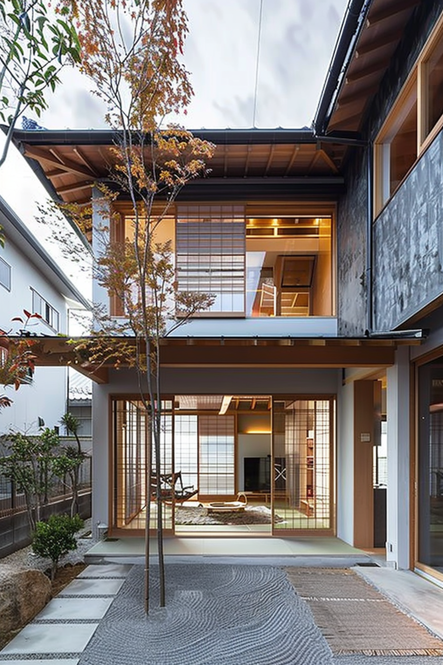 ALT: Modern Japanese house with traditional elements like sliding doors and tatami room visible, complemented by a zen garden at the entrance.
