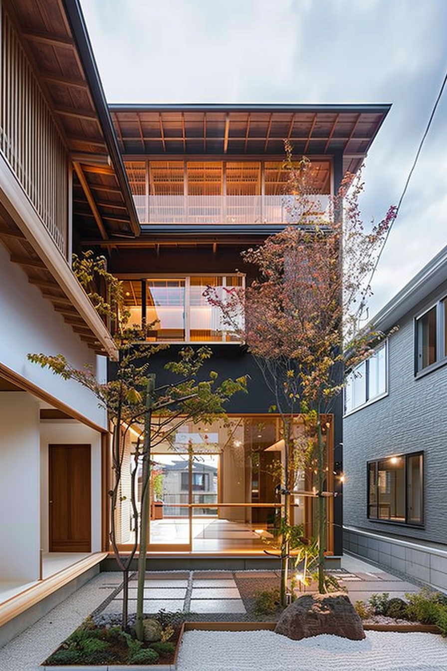 Modern Japanese-style house with a glass facade, wooden accents, and a small zen garden at twilight.
