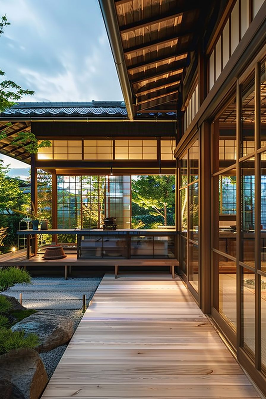 Traditional Japanese house at dusk with sliding doors, wooden veranda, and a tranquil garden.