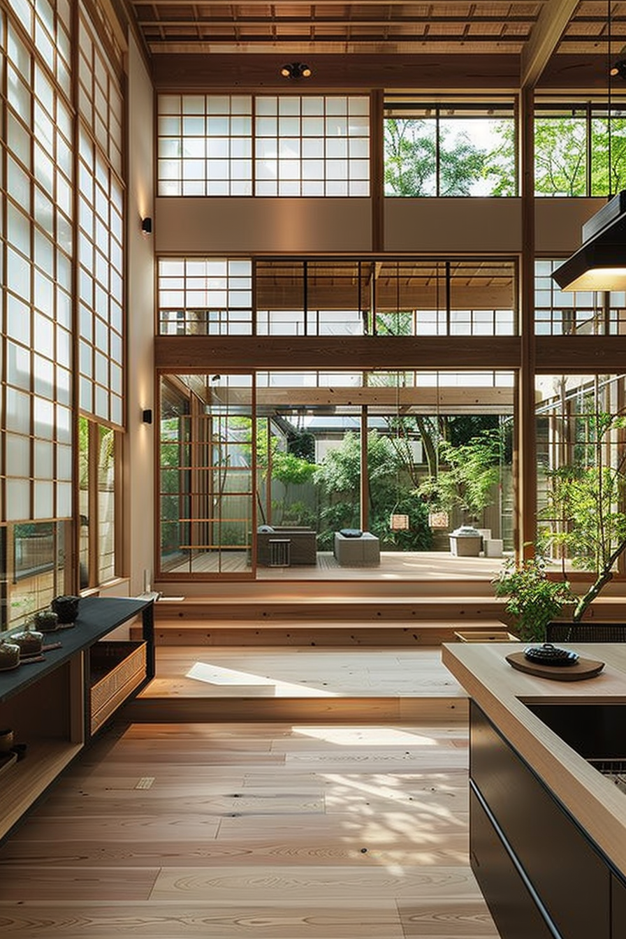 ALT: A serene Japanese style interior with wooden steps, ample natural light, shoji sliding doors, and a view of a zen garden.