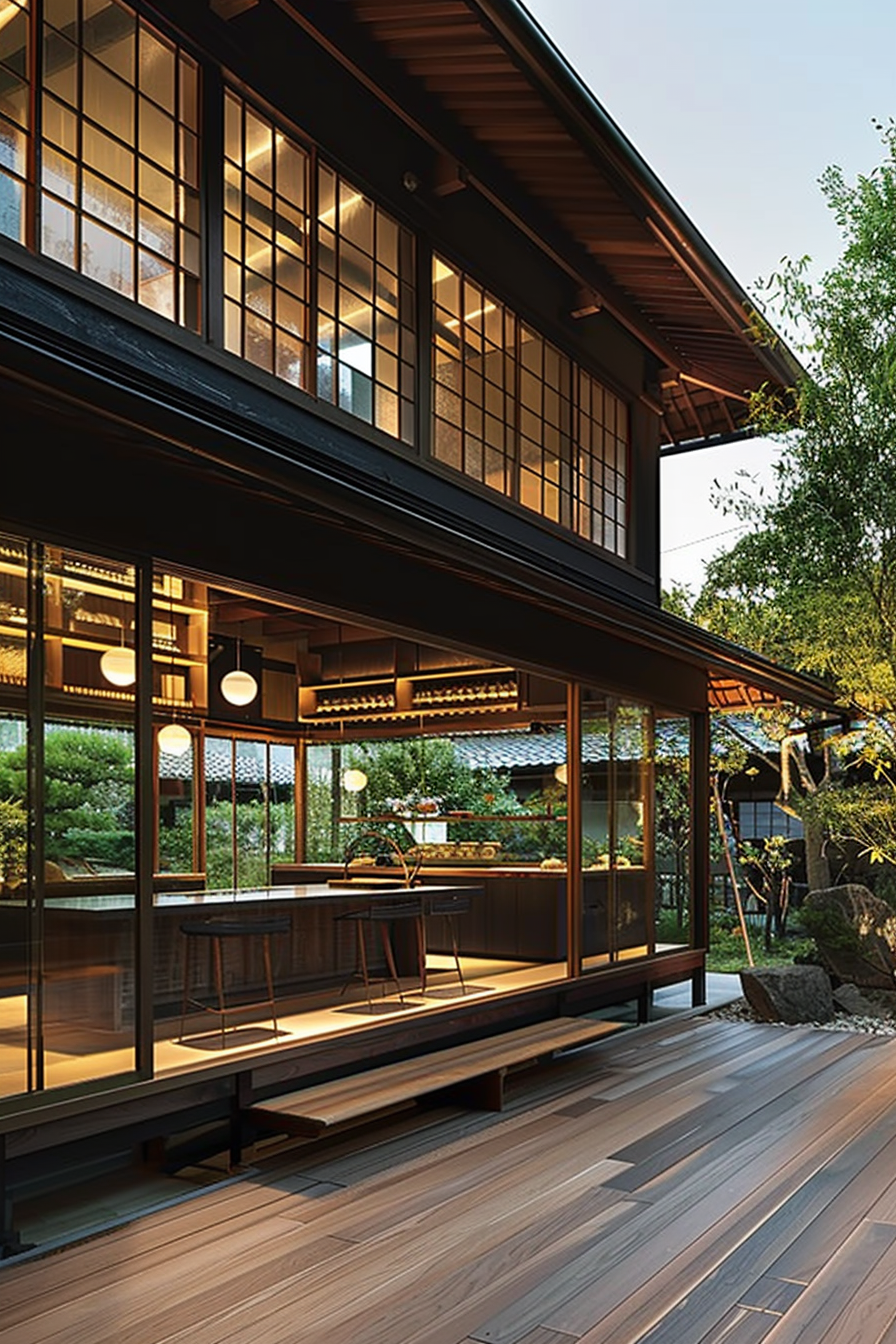 A traditional Japanese house with lit interior, sliding doors, and a view of a tranquil garden in twilight.