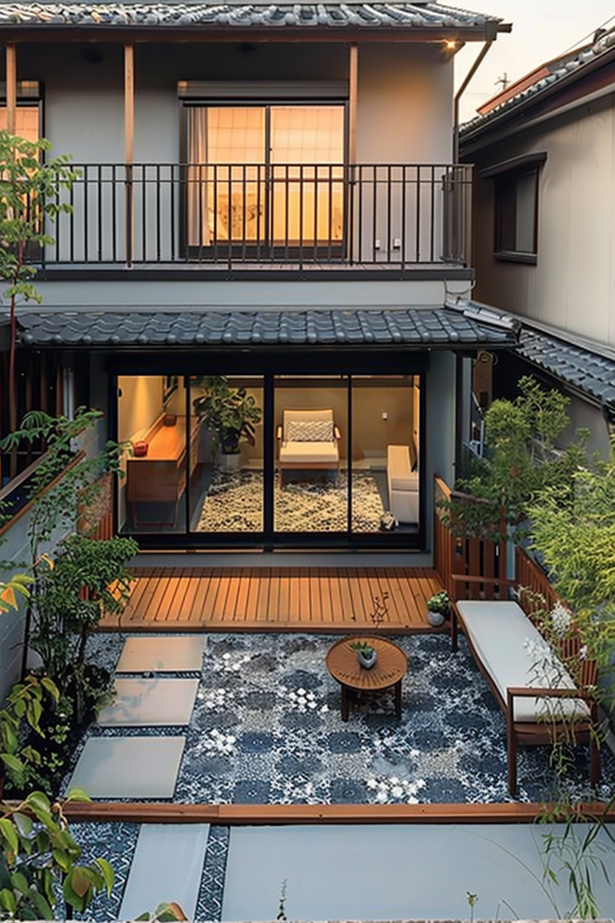 A traditional Japanese home with an open-air interior garden, wooden deck, and patterned tiles, viewed from above at dusk.