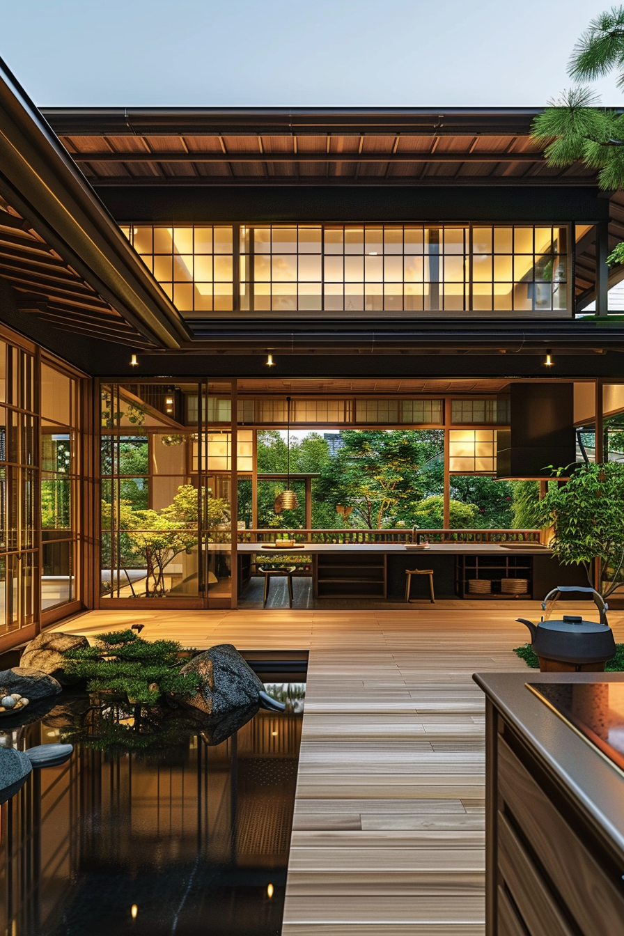 Traditional Japanese house at dusk with illuminated interior, showing sliding doors, tatami mats, a small indoor garden, and bonsai.