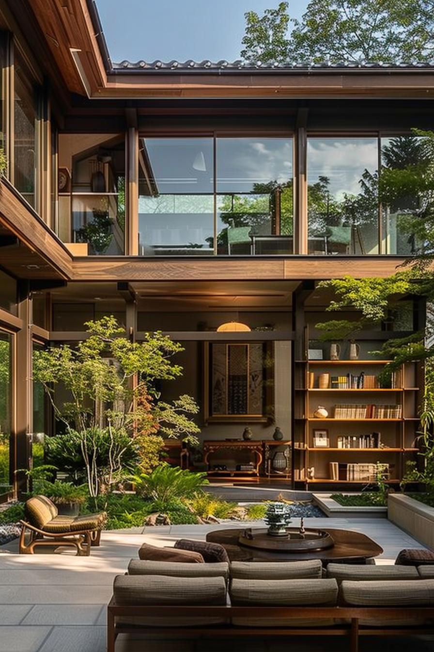 ALT text: Elegant interior courtyard view with traditional architecture, wooden furniture, bookshelves, and lush green plants under natural light.