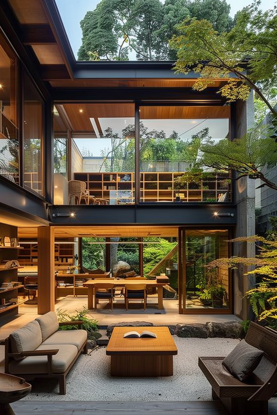Modern house interior with expansive glass walls, wooden design elements, and a connection to nature with surrounding trees.